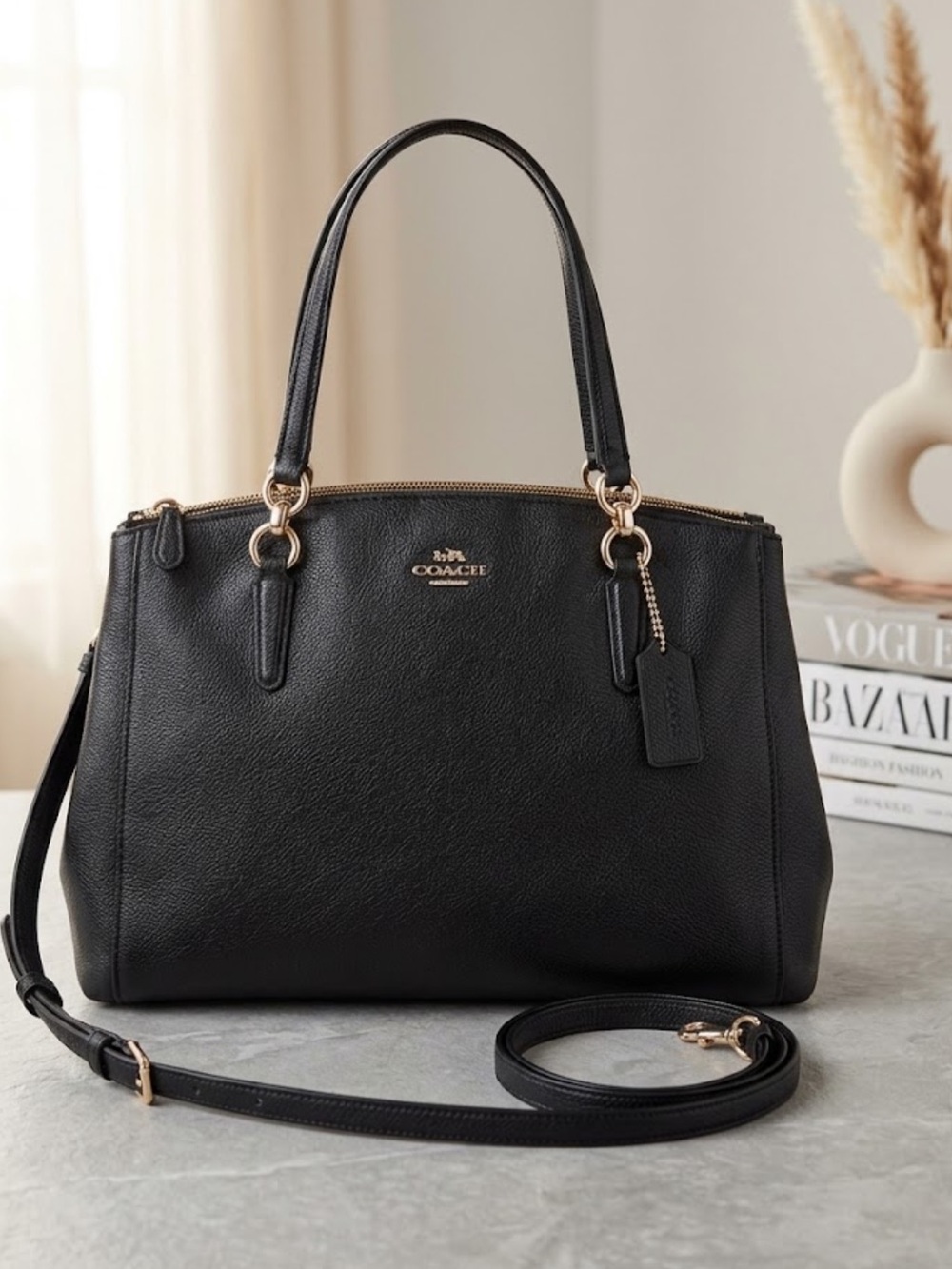 Authentic Coach Black Pebbled Leather Top-Handle Shoulder Bag with Gold Hardware